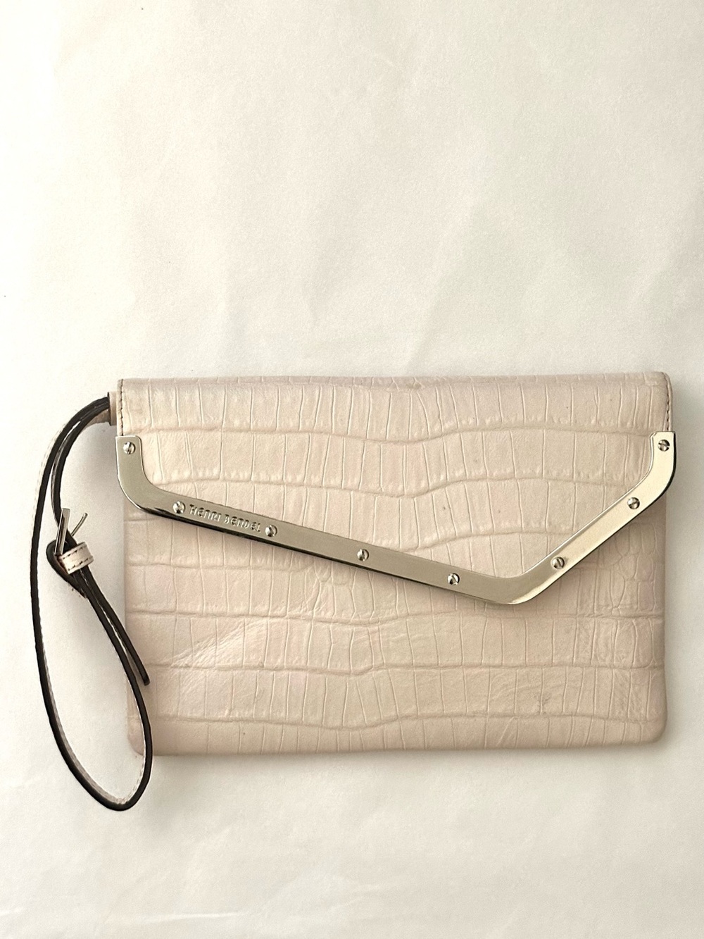 henri bendel “The Deb” Croc-Embossed Leather Wristlet in Pale Pink